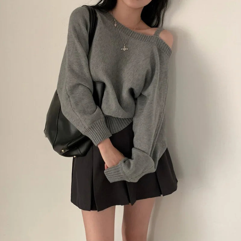 Korean Women's Off Shoulder Strap Knitwear Sweater New Design Diagonal Shoulder Short Top Elegant Sexy Bat Sleeve Sweater свитер