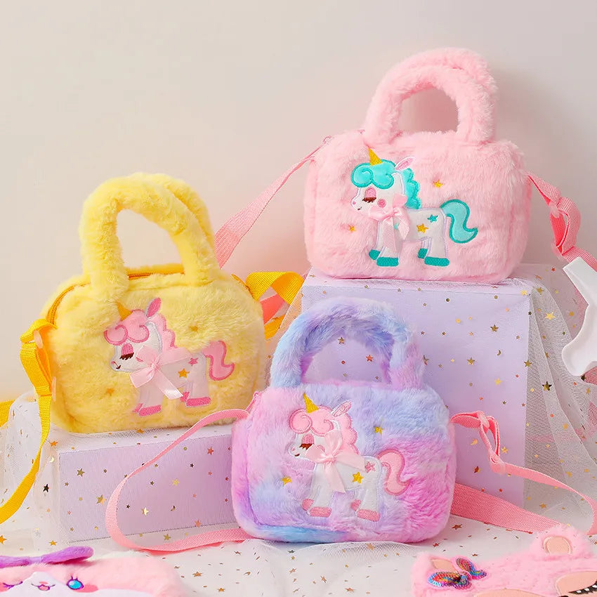 Kids Embroidery Unicorn Plush Toy Crossbody Purses Handbags Little Girls Rainbow Fluffy Purse Cute Cartoon Furry Shoulder Bag