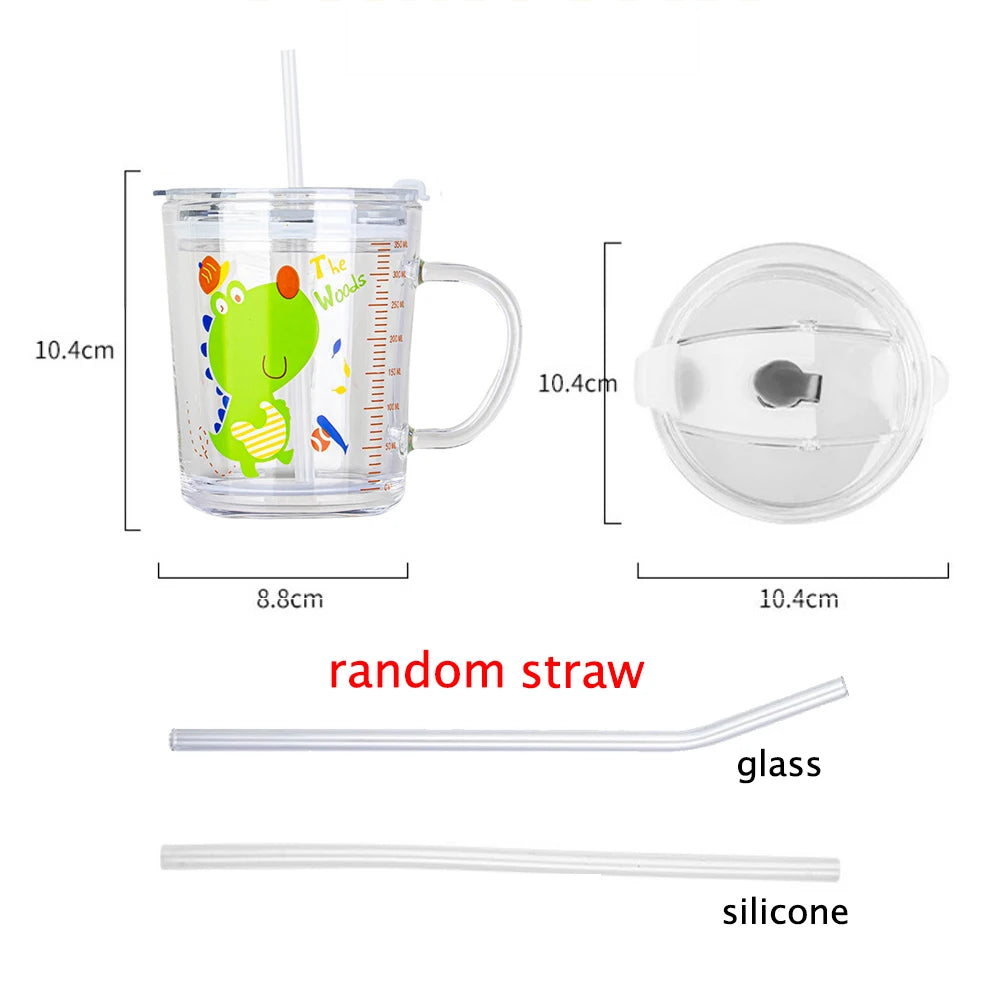 350ml Cute Children Milk Glass Cup With Straw And Lids Cartoon Transparent Breakfast Cup With Scale For Kids Student Water Cup