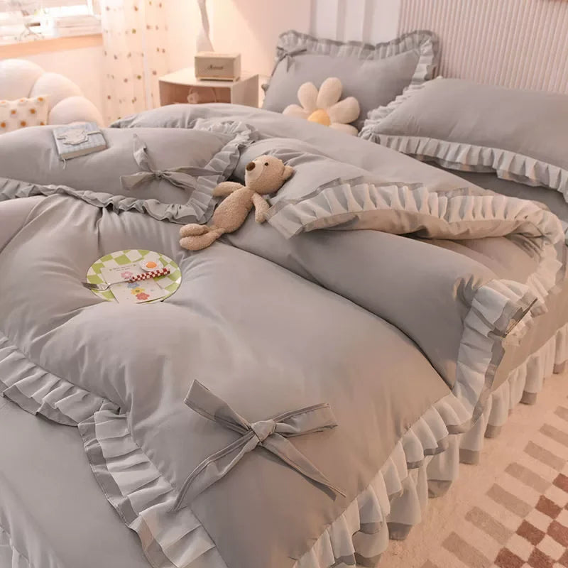 Purple Bedding Sets Kawaii Seersucker Bed Sheet Pillowcase Fashion Girl Princess Duvet Cover 4 Pieces Cute Home Decoration