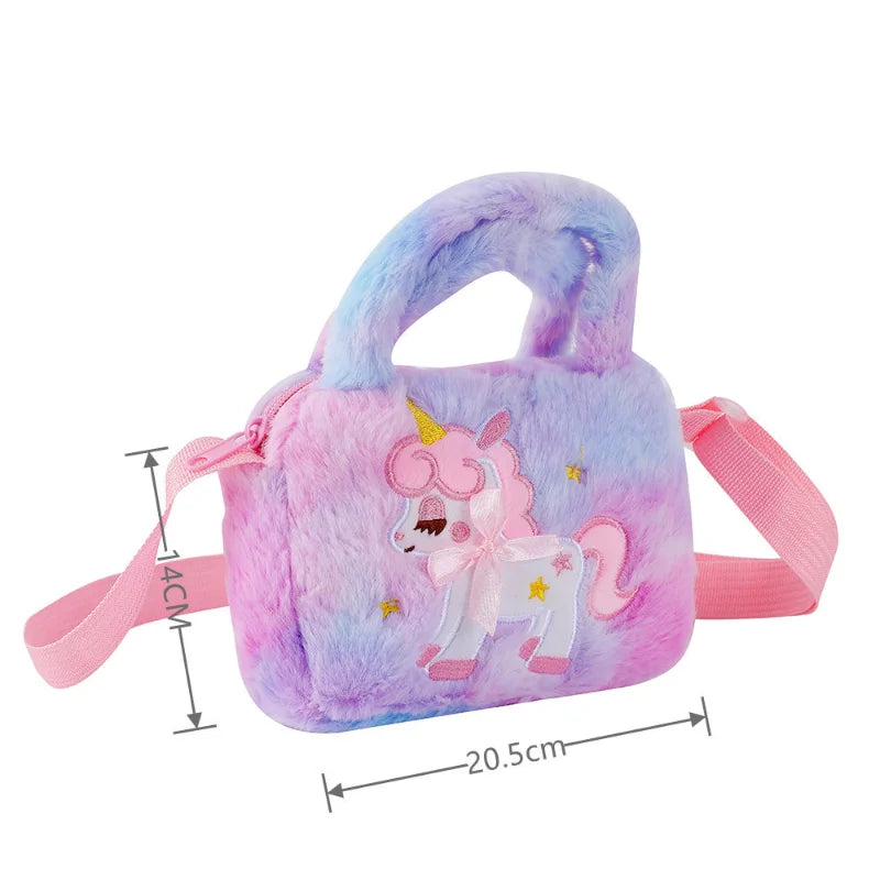 Kids Embroidery Unicorn Plush Toy Crossbody Purses Handbags Little Girls Rainbow Fluffy Purse Cute Cartoon Furry Shoulder Bag