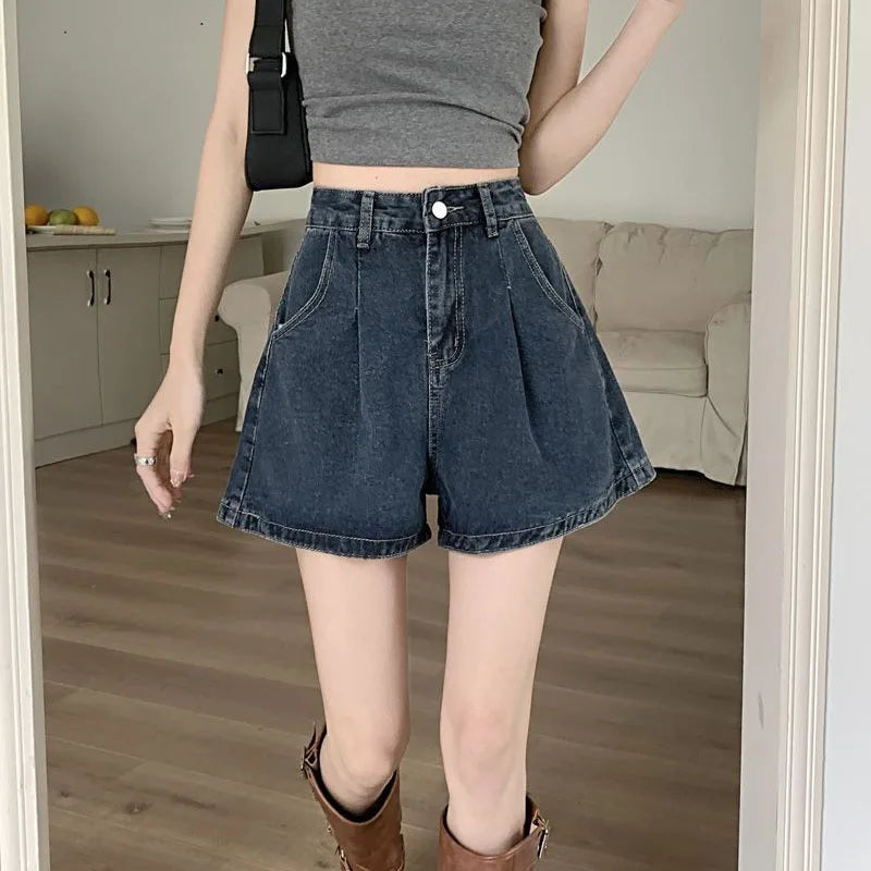 Lucyever Wide Leg Jeans Shorts Women Summer High Waist Loose Vintage Blue Denim Shorts Woman Korean Wild A-Line Short Pants