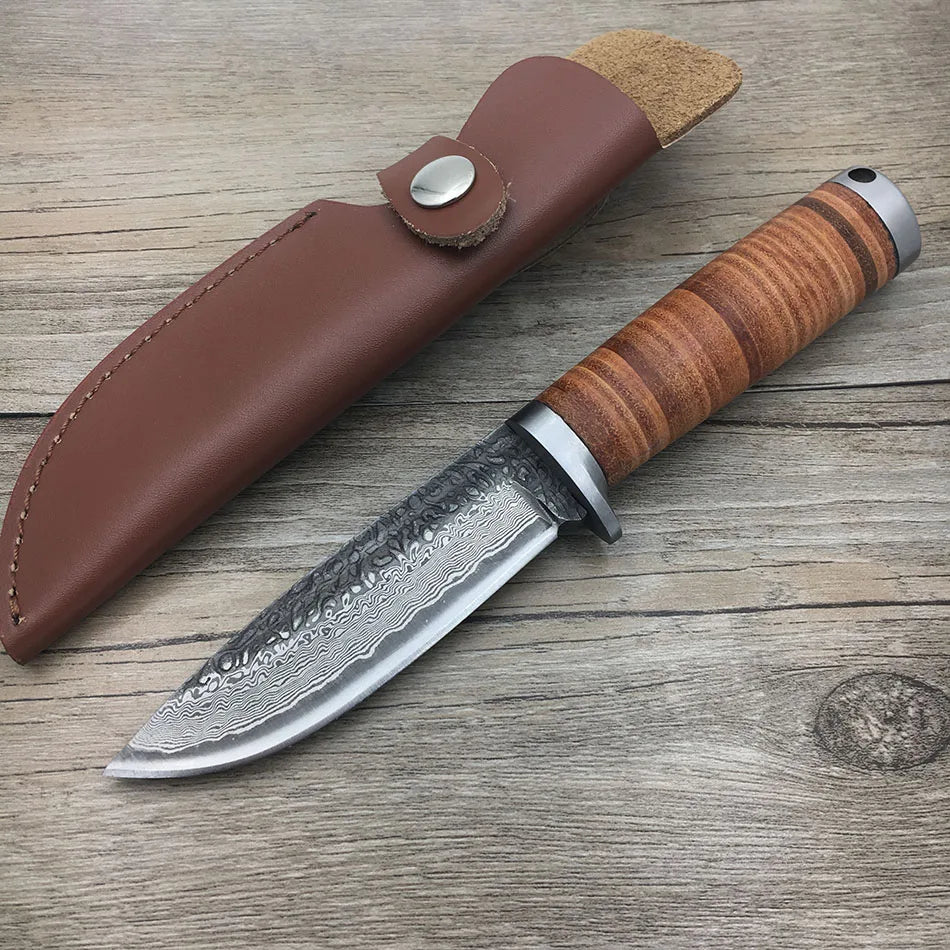 Forged Damascus Steel Straight Knife Tactical for Hunting and Camping