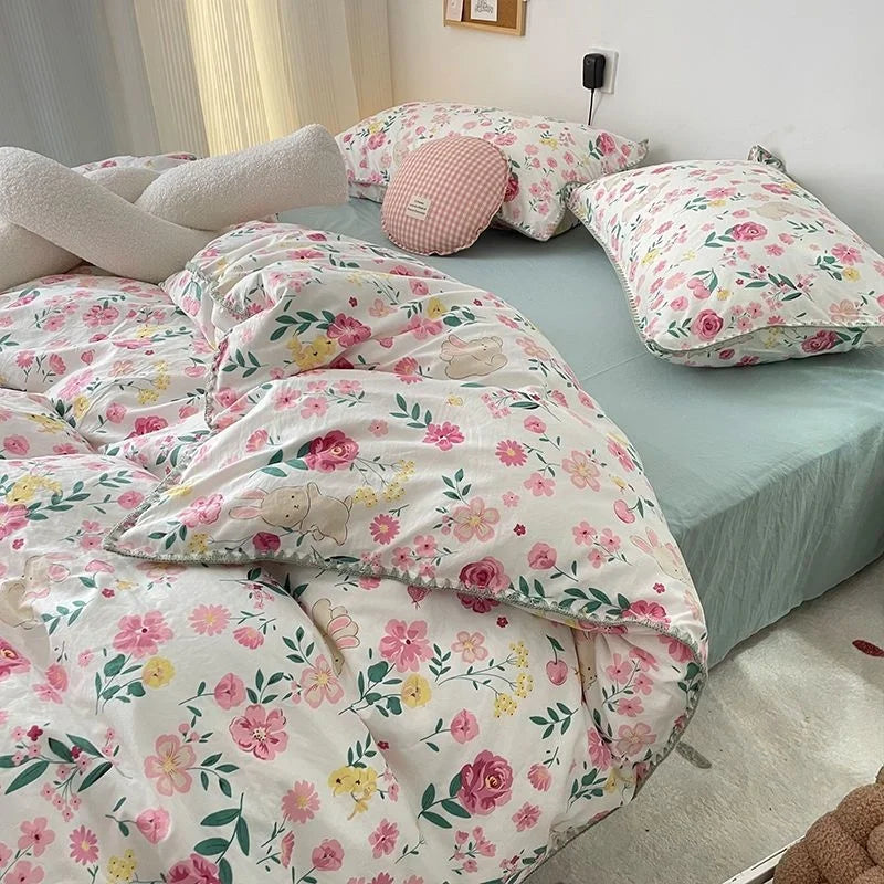 Bedding Set INS Girls Cherry  Soft Washed Cotton Bed Sheet Queen King Size Duvet Set  Comforter Set Pillowcase Bed Linens