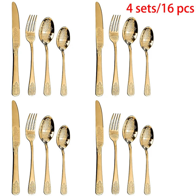 &Gold Luxury Cutlery Sets Fork Spoons Knife Silverware Kit Vintage Carved Tableware Set European Dinnerware For Home Kitchen