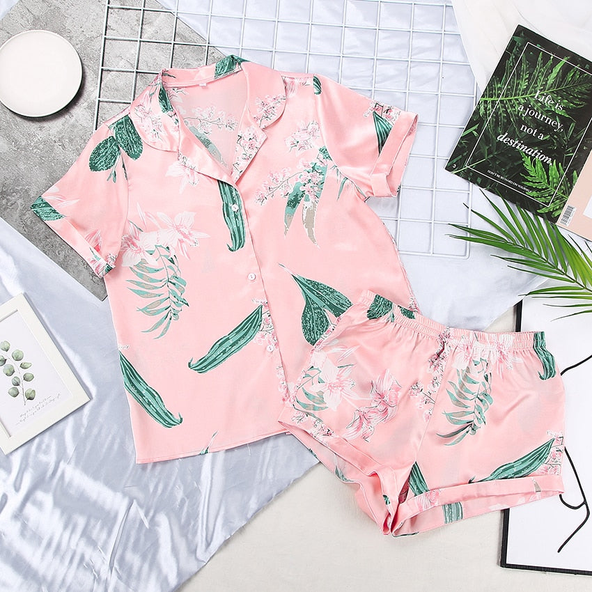 Solid Satin Sleepwear Silk Pajamas Set Top And Shorts Two Piece Set Pyjamas Women Pajama Short Sleeve Home Suit Casual