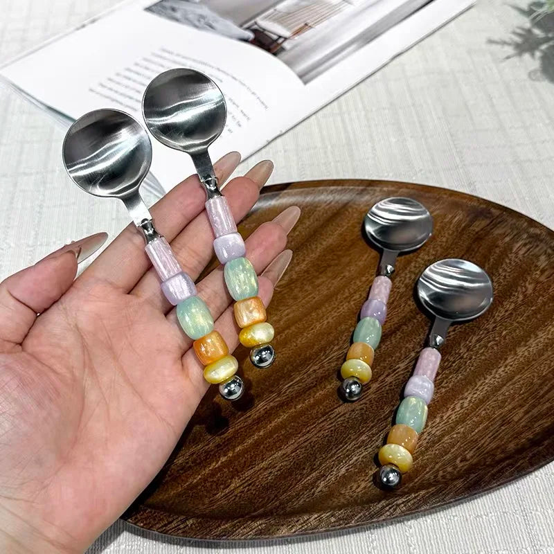 Delicate Colored Candy Bead Spoon Coffee Bean Scoop Small Luxury Twisted Spoon Stainless Steel Handmade Strust B82