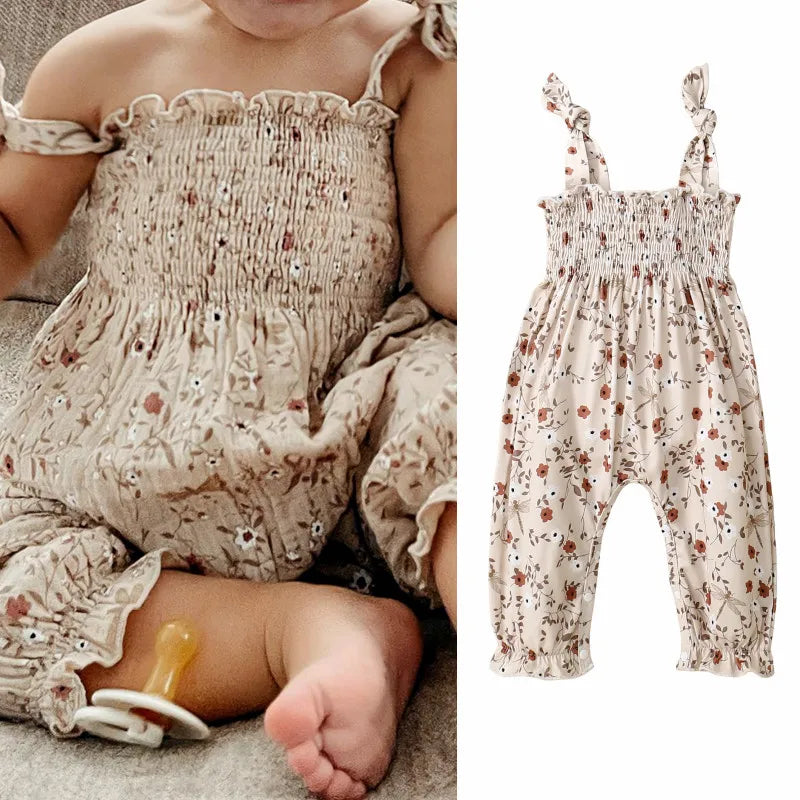 0-24M Baby Girls Floral Jumpsuits Tie-up Suspender Pants Overalls Infant Romper Toddler Summer Clothes 2024 New