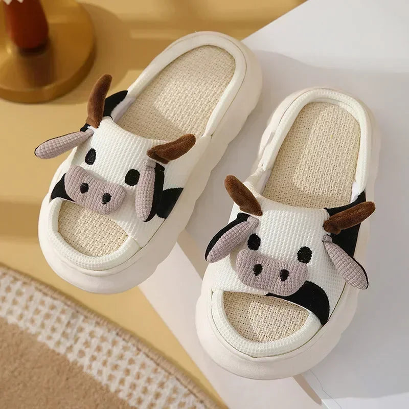 Four Seasons Universal Indoor Home Cotton Linen Sandals Cute Cartoon Cow Linen Slippers Non-slip