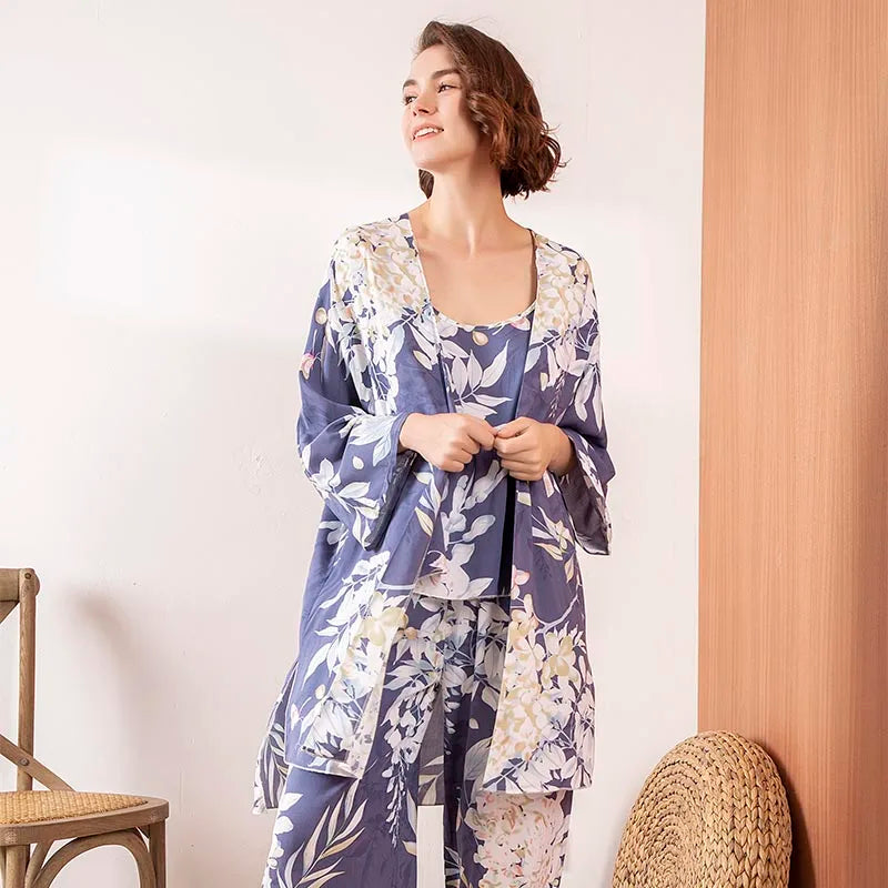 2024 Spring & Autumn Cartoon Sunflower Printed Women Sleepwear Light Blue Cotton Satin Pajamas Set Ladies Loose Thin Homewear