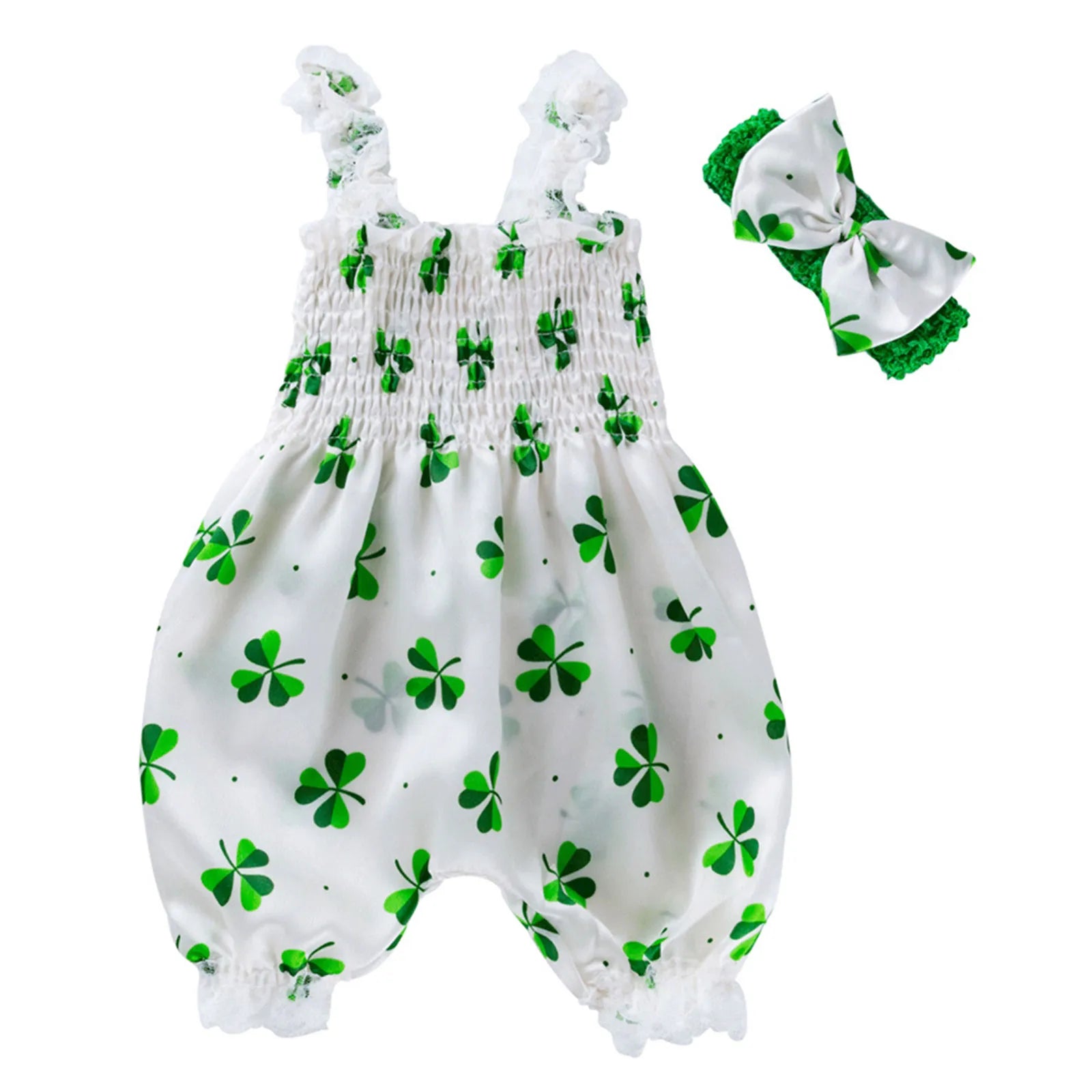 2021 Baby Summer Clothing Girl 2Pcs Clover Printed Romper Set, Sleeveless Bubble Trousers Suspender Bodysuit with Headband