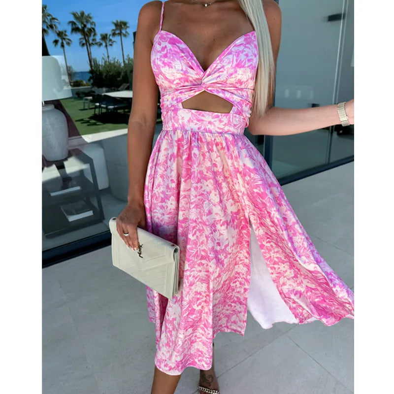 Women Sexy V-neck Backless Sling Dress Summer Fashion Twist Design Hollow Out Long Dress Casual Sleeveless Solid Big Hem Dresses