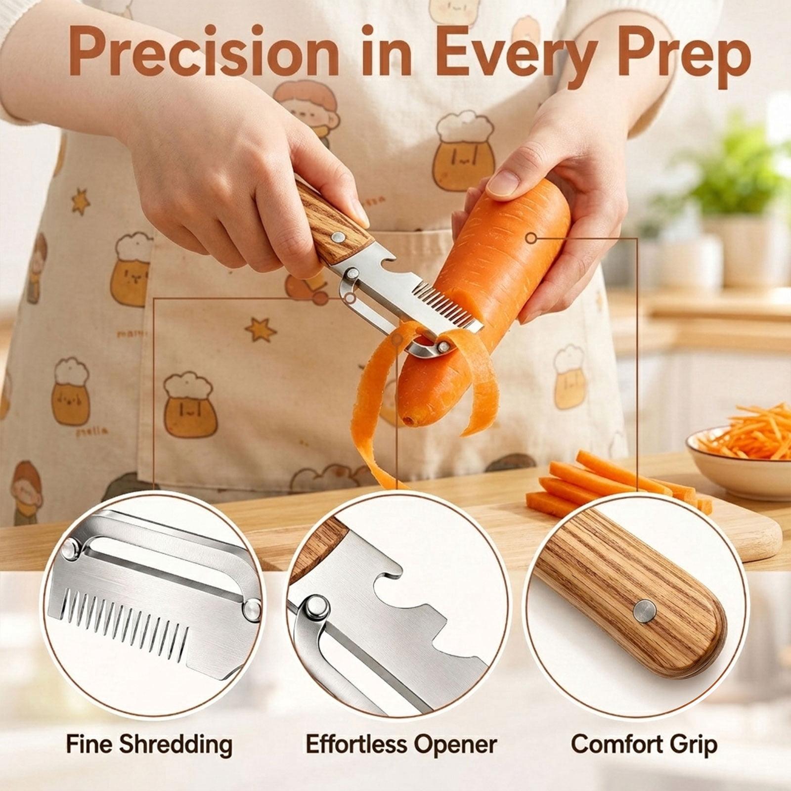 Multi-Functional Vegetable Peeler, Stainless Steel Blade with Wooden Handle, 3-in-1 Fruit Peeler with Bottle Opener & Grater, Kitchen Tool