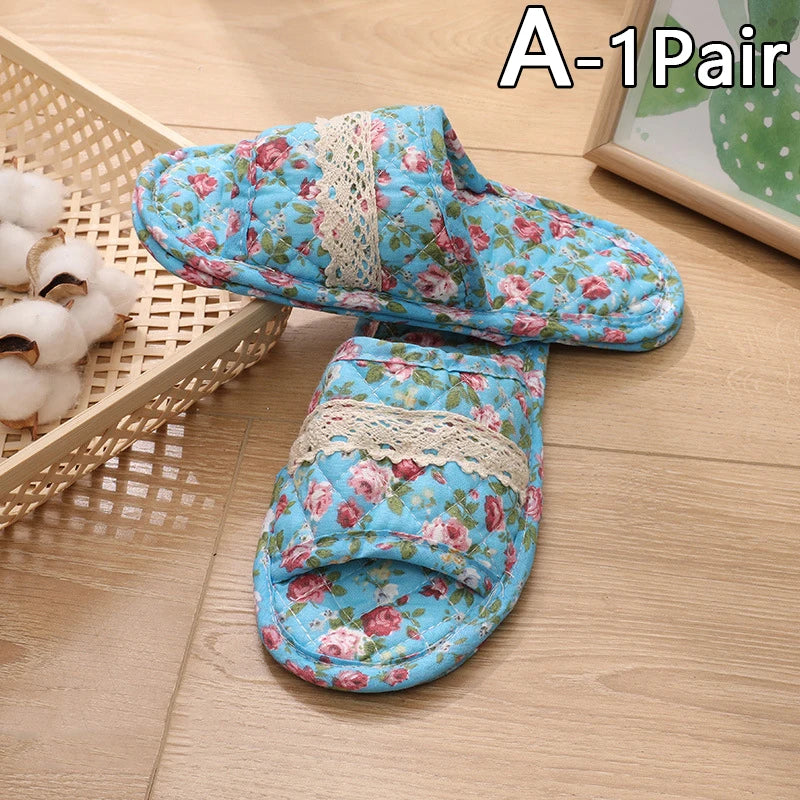 Women Indoor Cotton Slippers Japanese Floral Bedroom Carpet Slippers Soft Toe Sole Slippers Non-Slip Home Bedroom Slippers