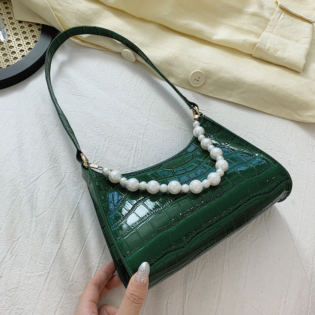 Armpit Bag Women Retro Handbag PU Leather Underarm Shoulder Bag Fashion Pearl Top Handle Bag Female Small Subaxillary Bag Clutch