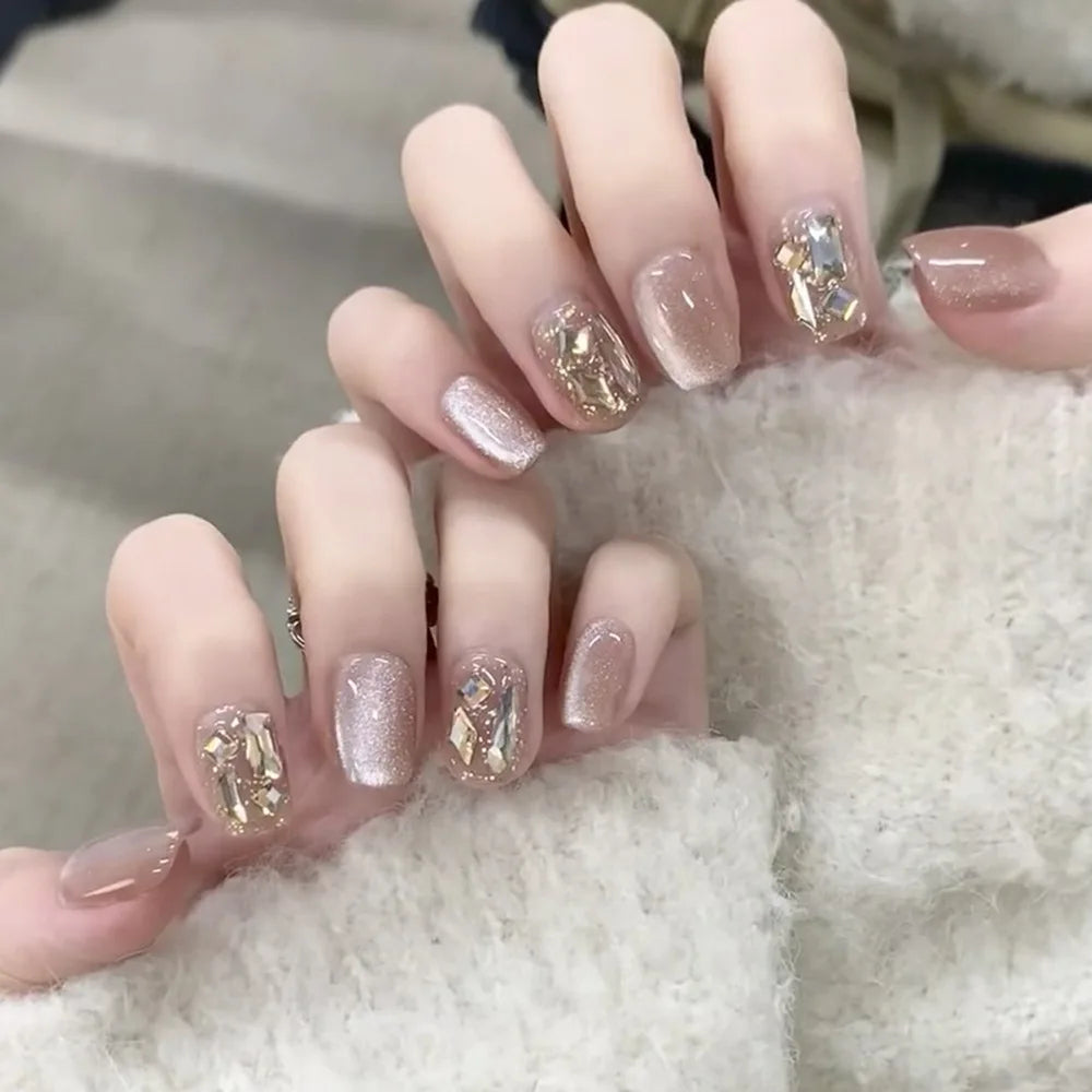 Nude Pink Glitter Cat Eye Nail Art Wearable Solid Color Fake Nails Detachable Finished False Nails Press on Nails with Glue