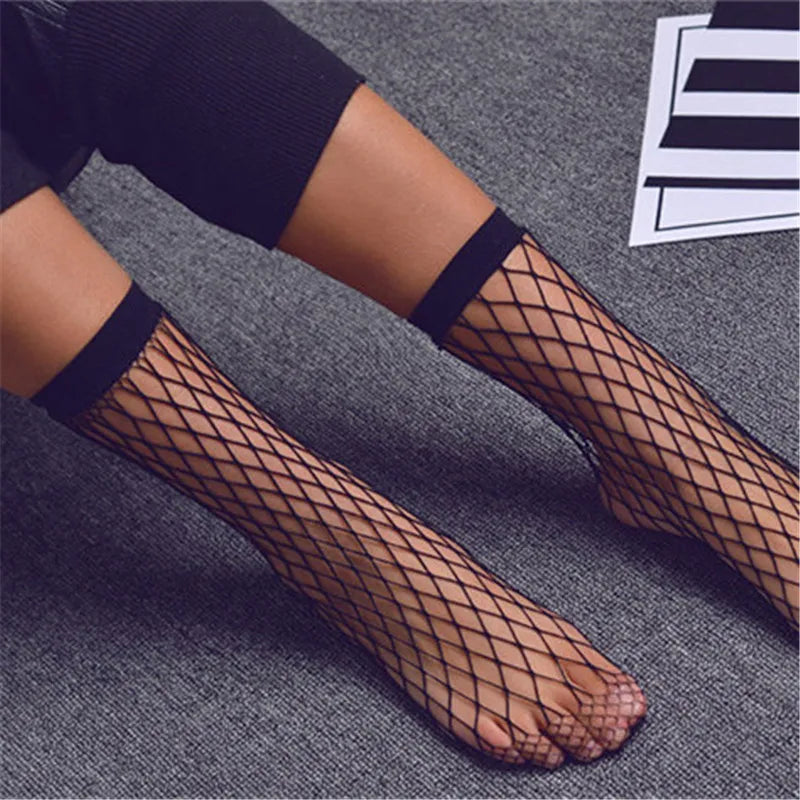 Punk Women Girls Sexy Black Hollow Out Breathable Mesh Fishnet Socks Female Gothic Stretchable Short Hosiery Ankle Socks