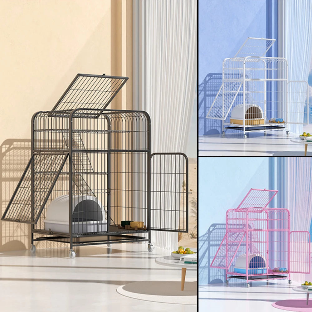 Stainless Steel Pet Villa Modern Iron Mesh Cat Cage Indoor Double Layer Dog House Large Space Free Space Pulley Cat Cages Indoor