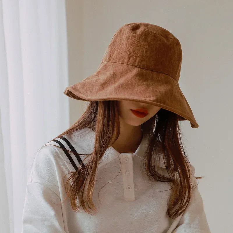 Fashion Large Brim Sun Hat Women Outdoor Vacation Bucket Hat Ladies Daily Beach Foldable Hat Girl Cotton UV Protection Visor Hat