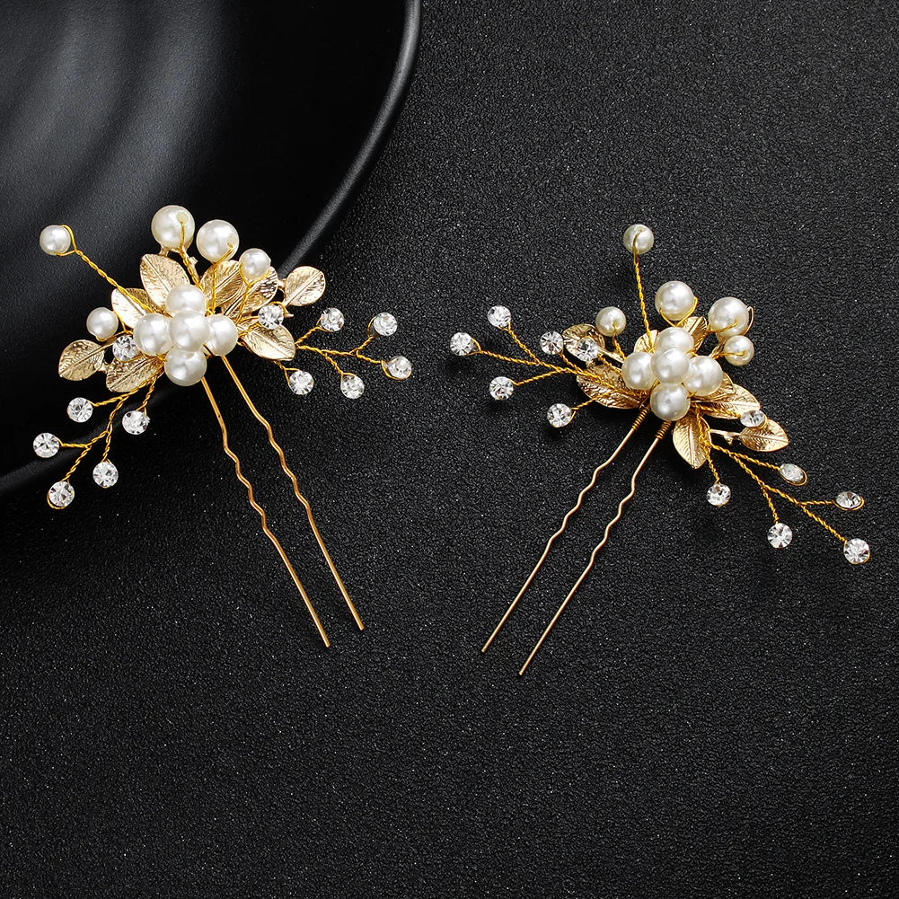 Pearl Flower Hairpin Side Comb Sets Wedding Hair Accessories Leaf Shaped Tiaras Bride Insert Hair Clip Jewelry Fashion Headwear