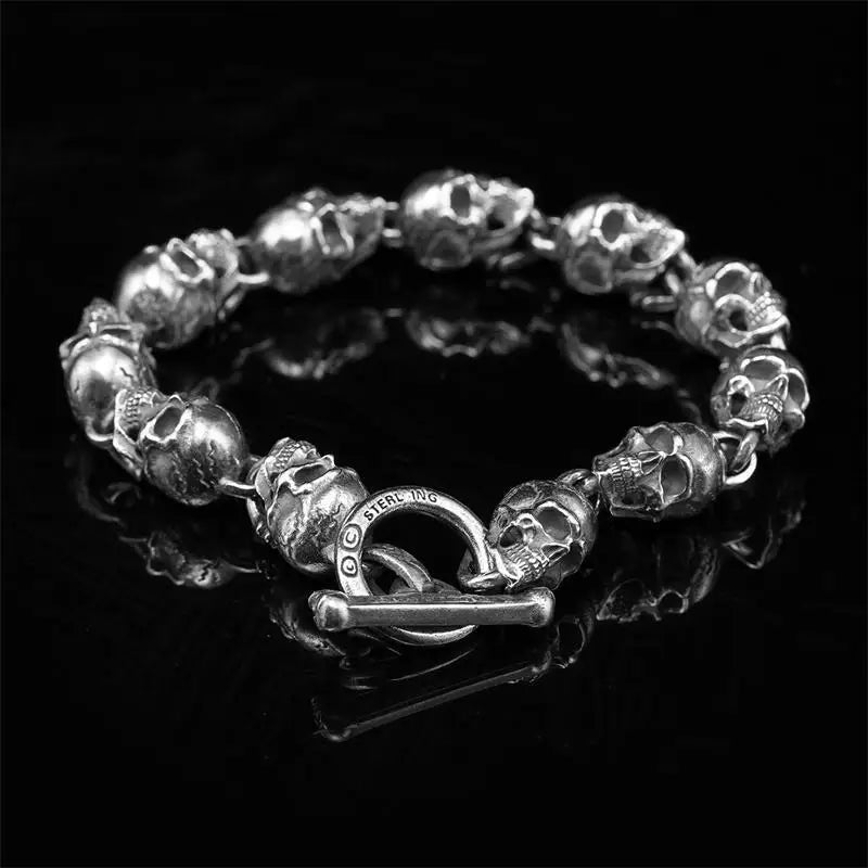 S925 Silver  Handmade Skull Motorcycle Hand String Trend Men's and Women's Skeleton Vintage Punk Bracelet