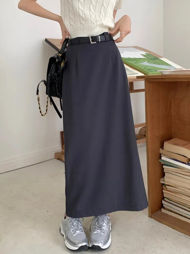 4Colors S-XL Spring Summer Female Skirts 2023 Women High Waist Suit Split long A line Maxi Skirt Female+belt (L5113)