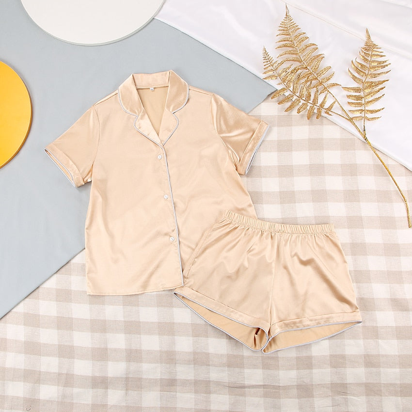 Solid Satin Sleepwear Silk Pajamas Set Top And Shorts Two Piece Set Pyjamas Women Pajama Short Sleeve Home Suit Casual