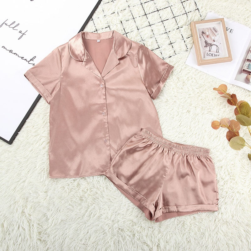 Solid Satin Sleepwear Silk Pajamas Set Top And Shorts Two Piece Set Pyjamas Women Pajama Short Sleeve Home Suit Casual