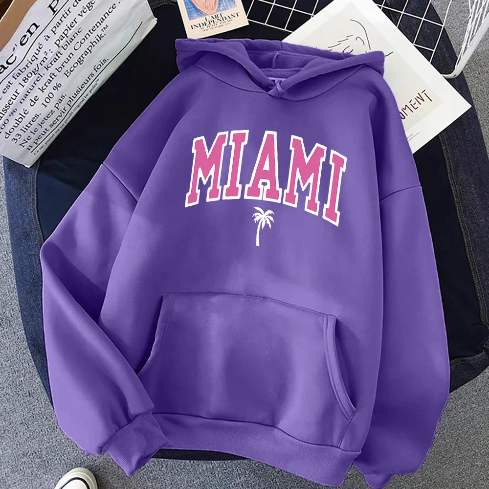 Miami Beach, Florida Usa Street Womens Hoodie Street Loose Hoodies Breathable Fleece Streetwear Casual Fleece Female Clothing