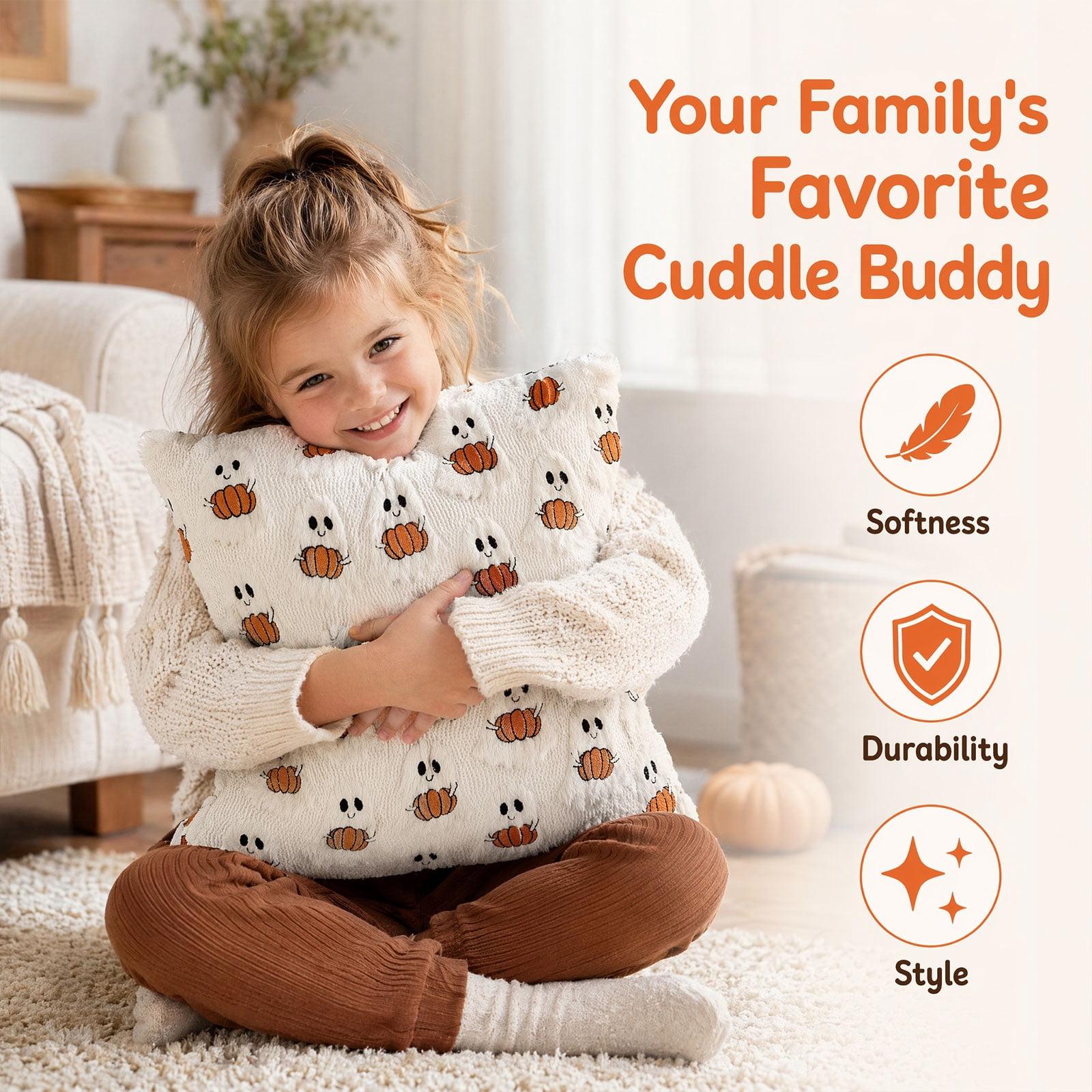 Halloween Throw Pillow Covers 18x18, Ivory Cute Ghost Hugging Pumpkin, Soft Plush for Spooky Season & Cozy Fall Decor.