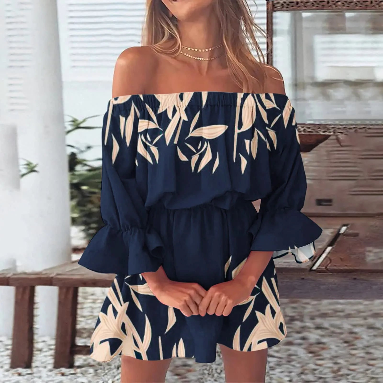 2024 Summer Dresses For Women Sexy Off Shoulder Mini Sundresses Beach Casual Loose Fit Bell Sleeve Mini Floral Dress Women's