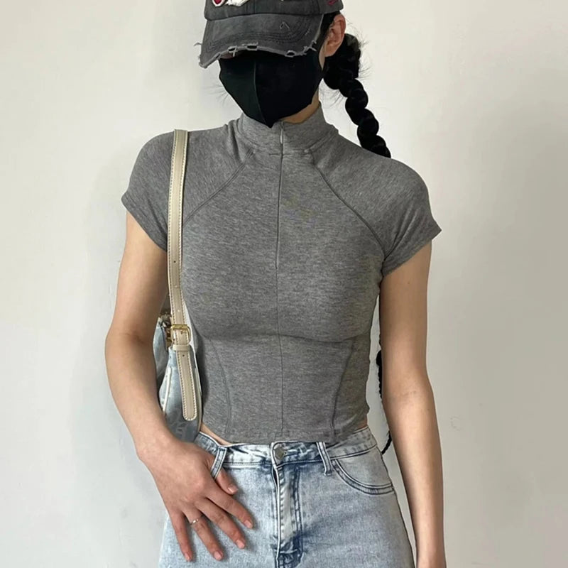 Sports Tops Stretchy Tight Short Sleeve Neckless T-Shirt Women Summer Stitching Half Zipper High Neck