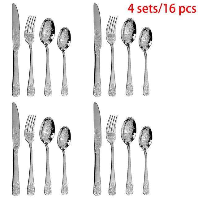 &Gold Luxury Cutlery Sets Fork Spoons Knife Silverware Kit Vintage Carved Tableware Set European Dinnerware For Home Kitchen