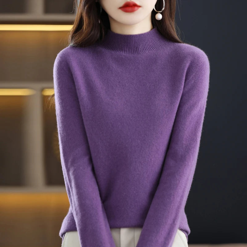 100% merino wool cashmere sweater women's sweater semi-high-necked long-sleeved pullover warm pullover in autumn and winter