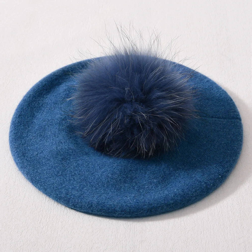 Jaxmonoy Winter Female Beret Women Hat Big Real Raccoon Fur Pompom Beret Wool Cashmere Natural Fur Ball Fashion Beret Cap Female