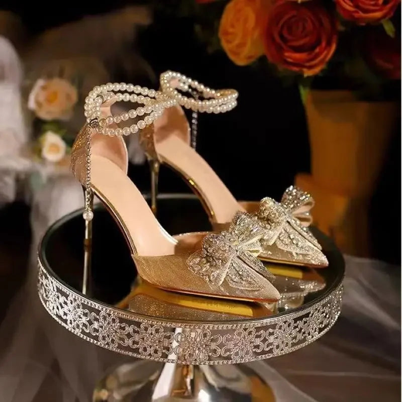 Summer Fashion Pointed Toe Sandals Women's Rhinestone Pearl Butterfly Gold Silver High Heels Party Wedding Plus Size Shoes