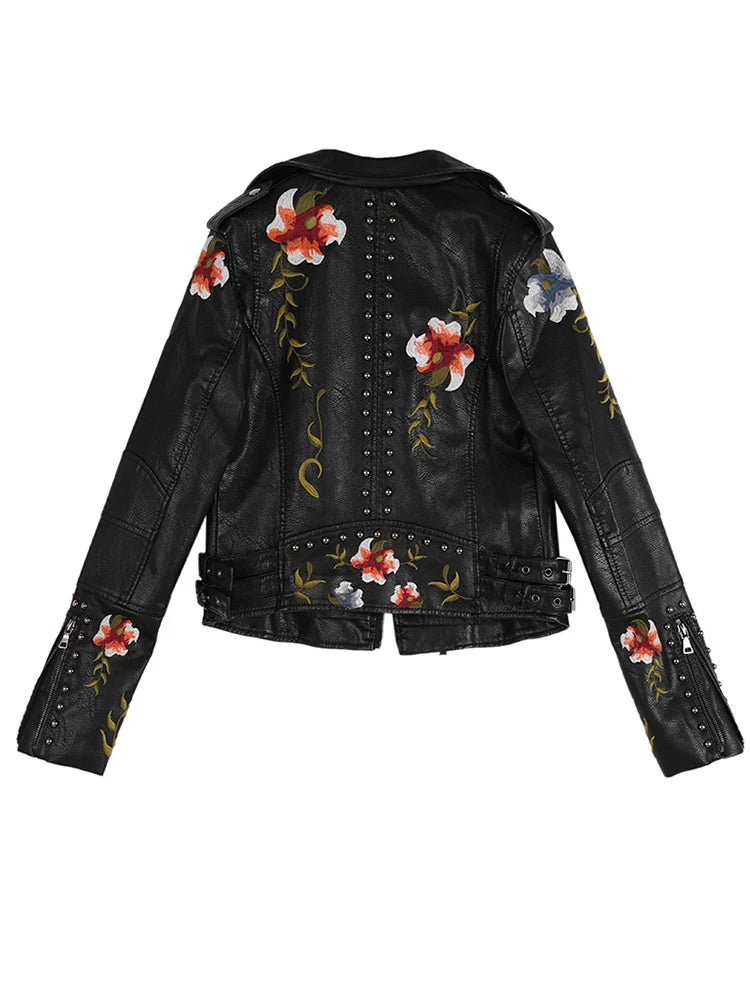 Women Floral Print Embroidery Faux Soft Leather Jacket Coat  Turn-down Collar Casual Pu Motorcycle Black Punk Outerwear