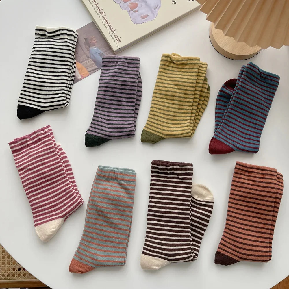 Retro Striped Socks Children's Women Medium Tube Socks Spring and Autumn Cotton Stockings Korean Stockings Japanese Socken