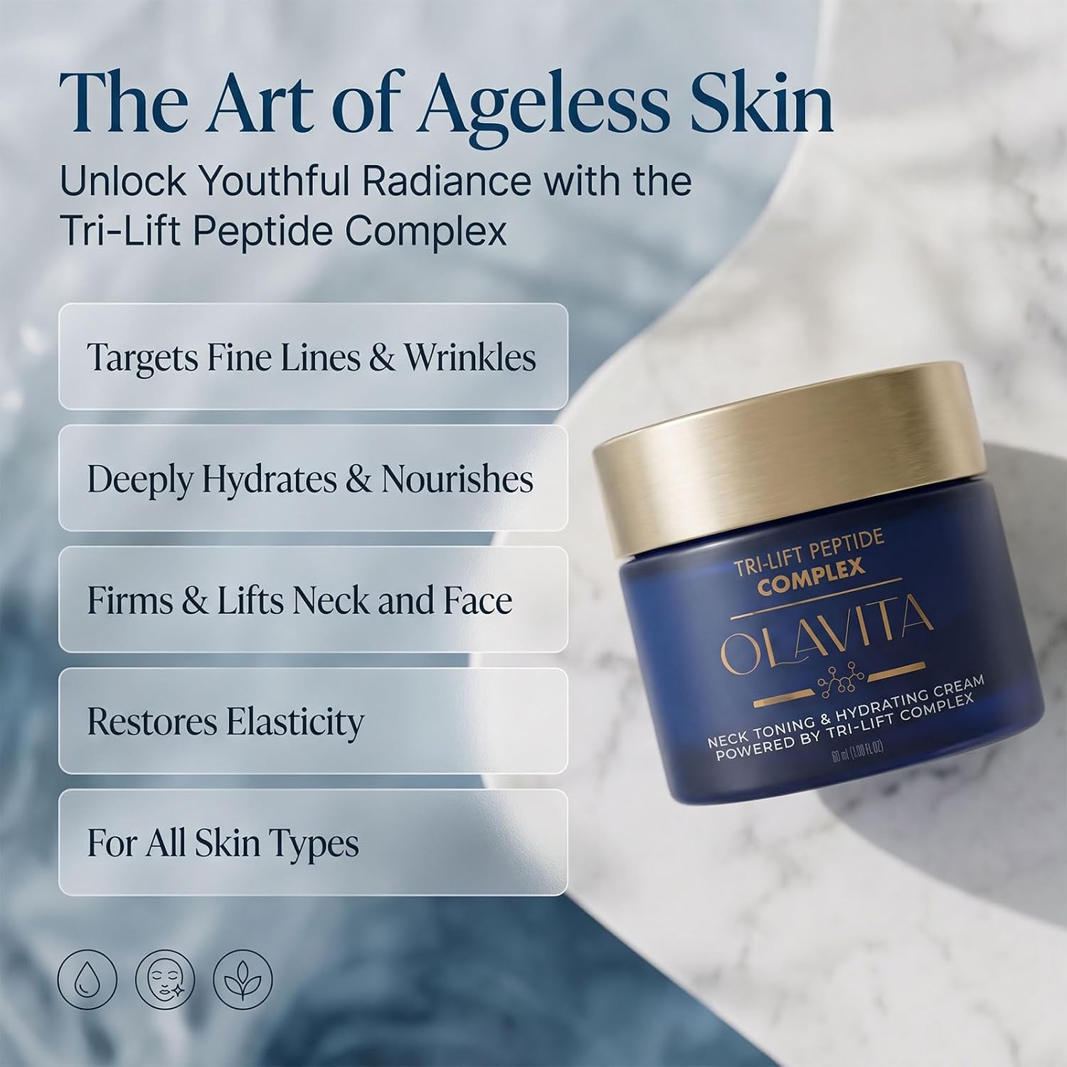 Olavita Tri-Lift Peptide Complex Cream, Tri Lift Peptide Cream, Intensely Moisturizing, Lifting, Plumping, And Firming Skin; Suitable for All Skin Types.