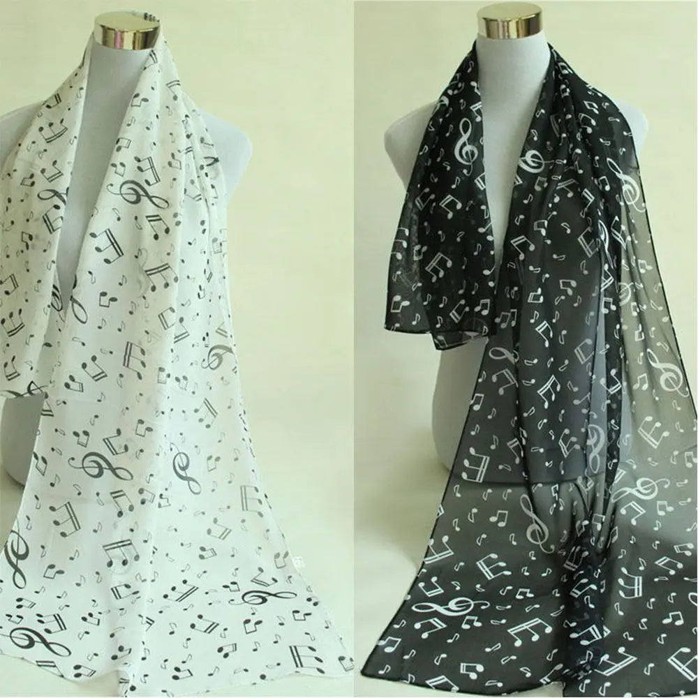 Fashion Trendy Ladies Gift Accessory Treble Clef Printed Sheet Muffler Shawl Music Note Printed Scarf Chiffon Silk Scarf