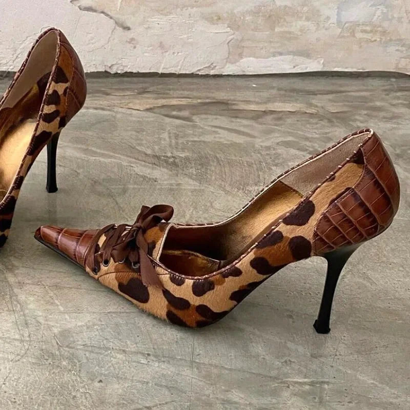 Sexy Leopard Print Pumps Women Fashion Pointed Toe High Heels Lace Up Design Elegant Stiletto Heels Prom Party Shoes for Women