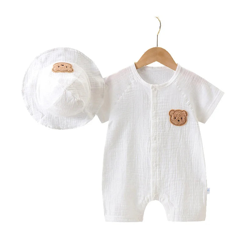 Muslin Summer Baby Romper Hat Set 2Pcs Bear Cotton Newborn Jumpsuit for Boys Girls Clothes Toddler Onesie Infant Outfit Suit