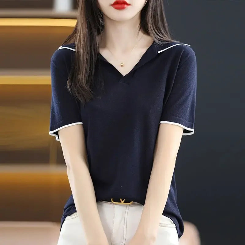 Women's T Shirts Polo Neck Shirt White Plain Knit Short Sleeve Tee Clothes Top Polyester Cotton Synthetic Summer 2024 Trend New