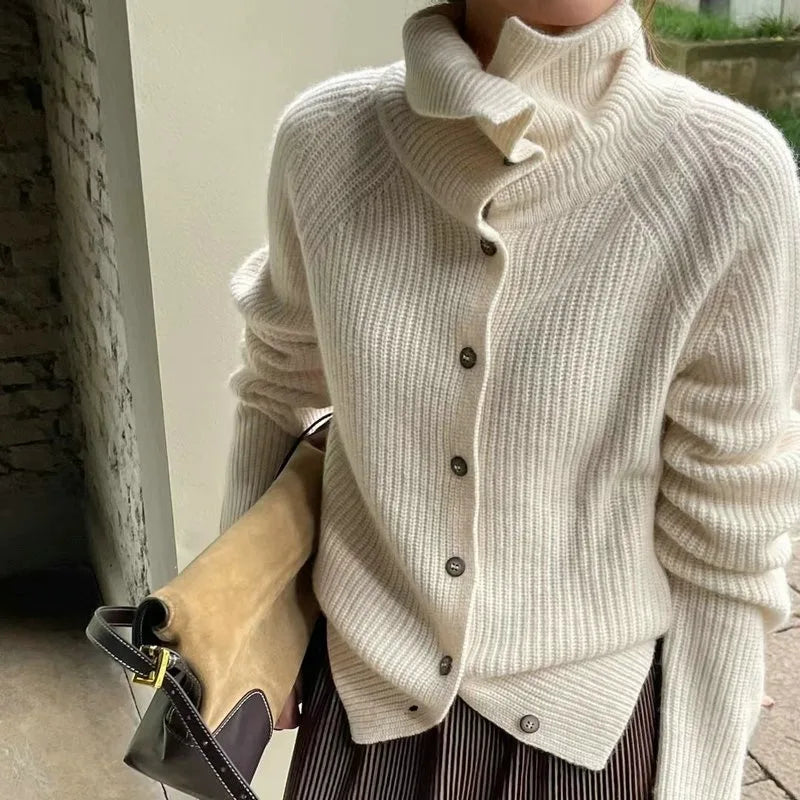 Turtleneck Cardigan Ladies 100% pure woolen sweater Autumn and winter loose thickened cashmere base sweater knitted  coat tide