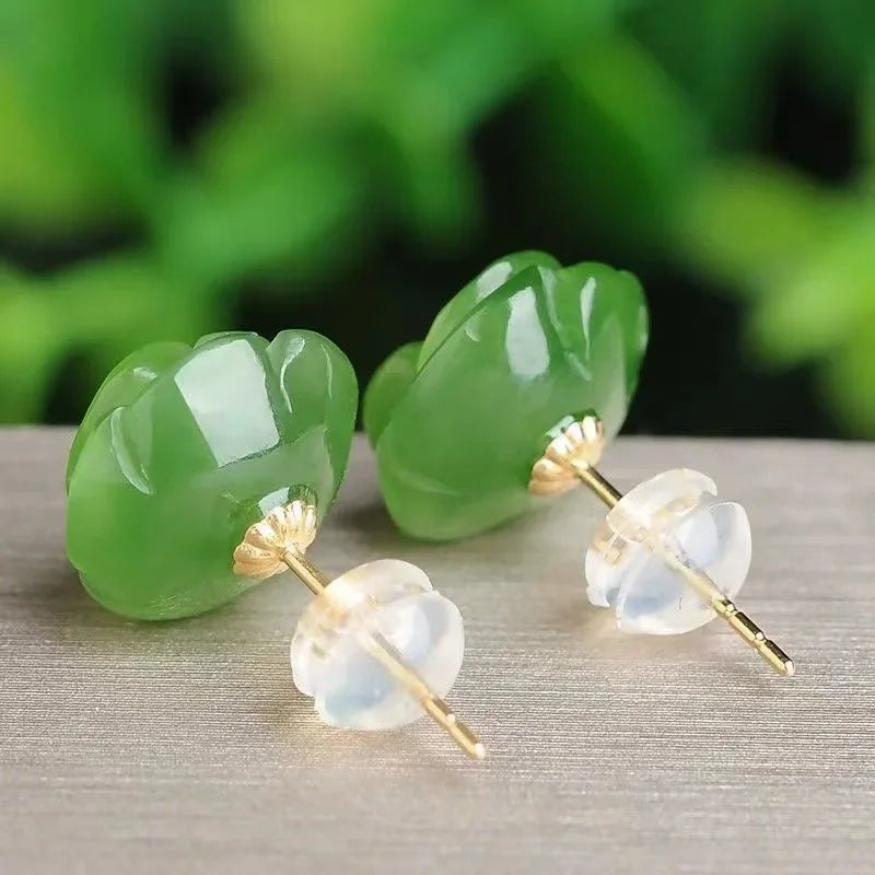 925 Silver Natural Green Jade Rose Earrings Bead Charm Jewellery Fashion Accessories Hand-Carved Man Woman Amulet Gifts