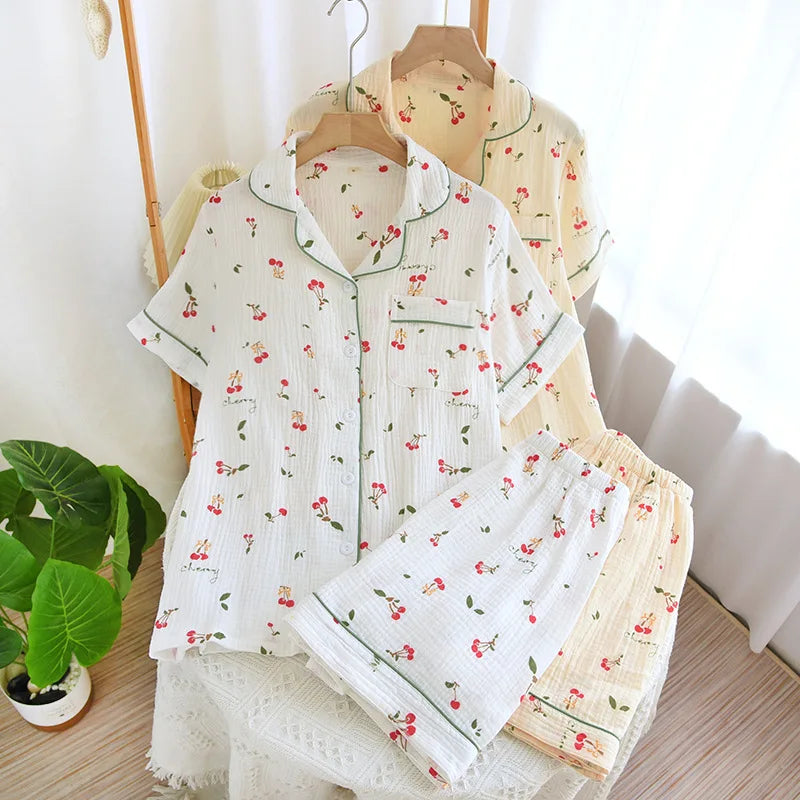 2024 New Summer Autumn Women Pajamas 100% Cotton Gauze Cherry Print Sleepwear Female 2 Piece Set Nightwear Pyjamas Loungewear