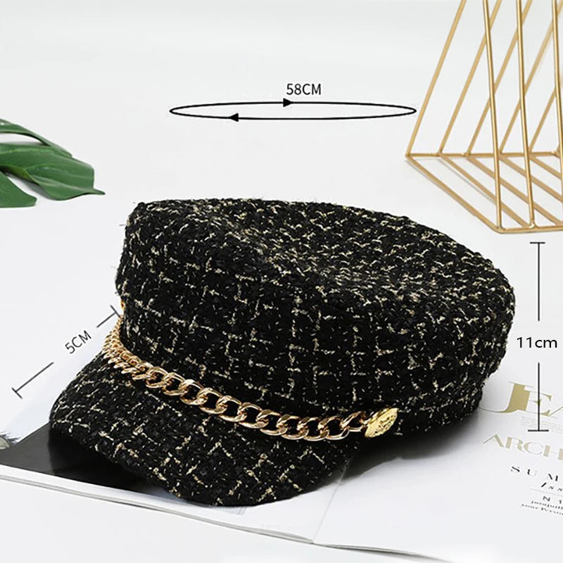 Pearl Chain Flat Top Navy Hat Fashion Beret Newsboy Caps Berret Woman Octagonal Hats Women's Designer Apparel