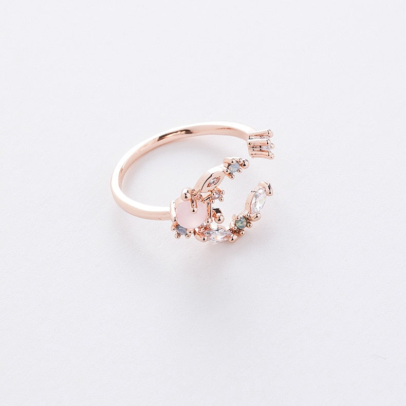 New Exquisite Crystal Temperament Ring Sweet French Elegant Flower Opening Ring Female Jewelry