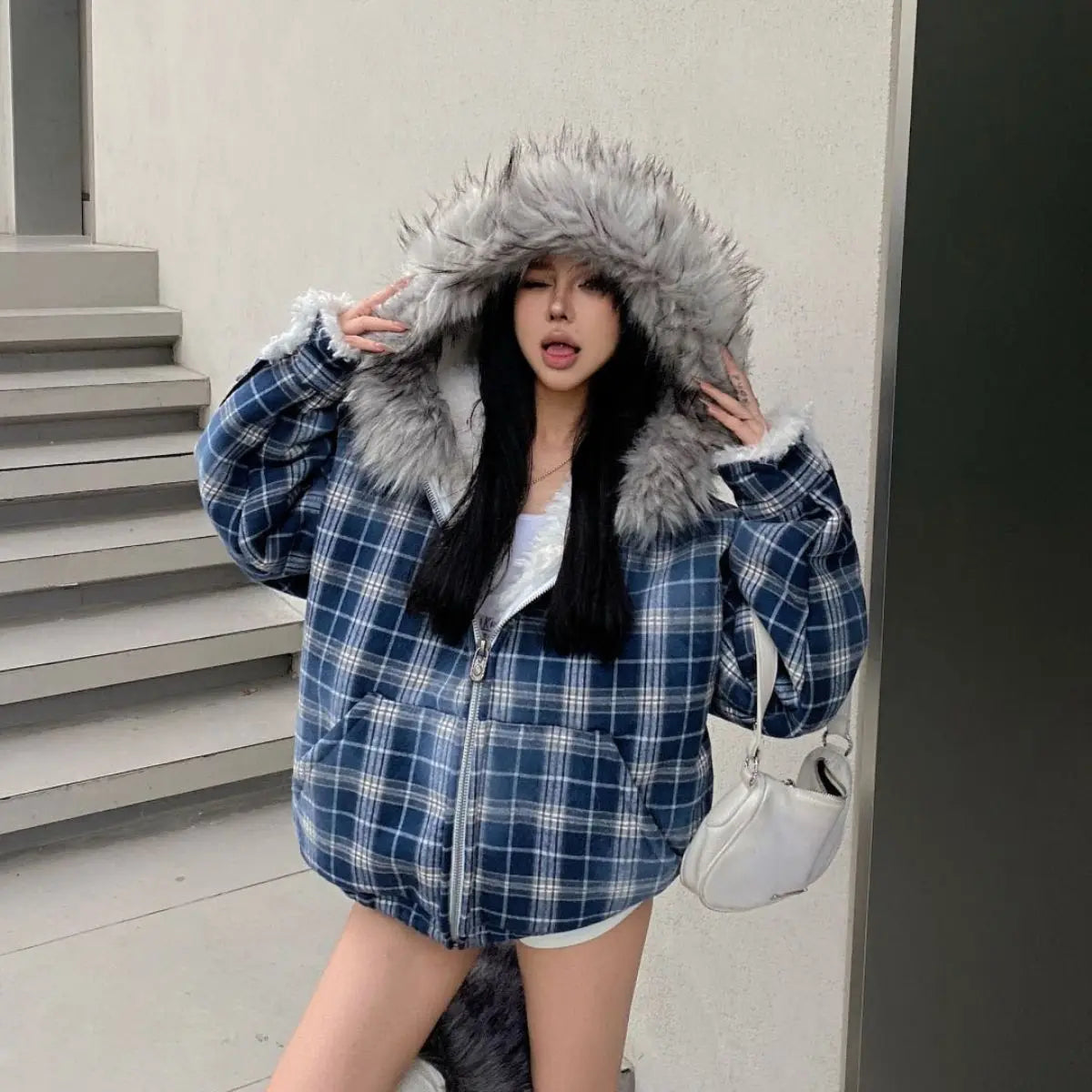 Retro American Classic Plaid Fur Collar Zip Up Hoodies Sweatshirt Women Winter New Lamb Wool Jacket Street GothTrend Y2K Coat