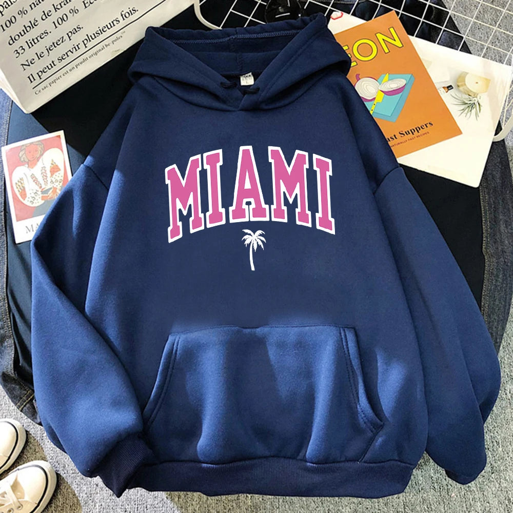 Miami Beach, Florida Usa Street Womens Hoodie Street Loose Hoodies Breathable Fleece Streetwear Casual Fleece Female Clothing